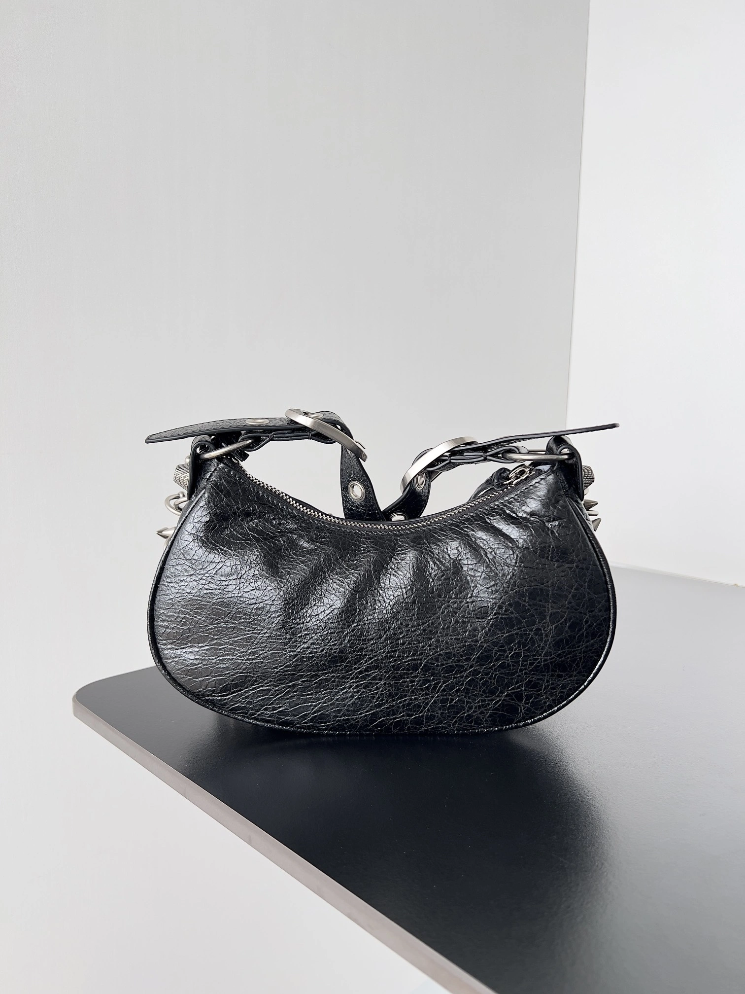 Balenciaga Le Cagole Perforated Stud Half-Moon Handbag with Adjustable Strap SmoothTexture 64707