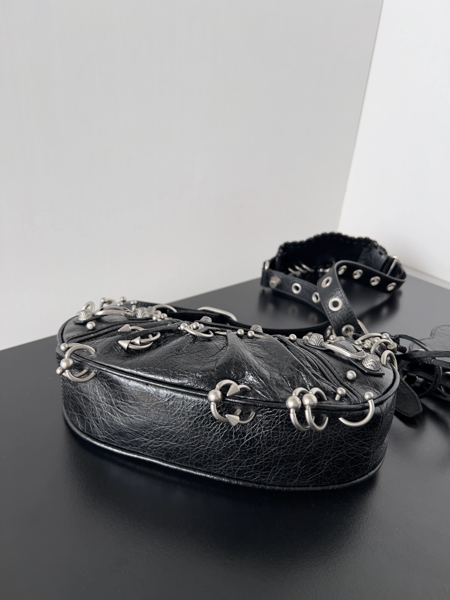 Balenciaga Le Cagole Perforated Stud Half-Moon Handbag with Adjustable Strap SmoothTexture 64707