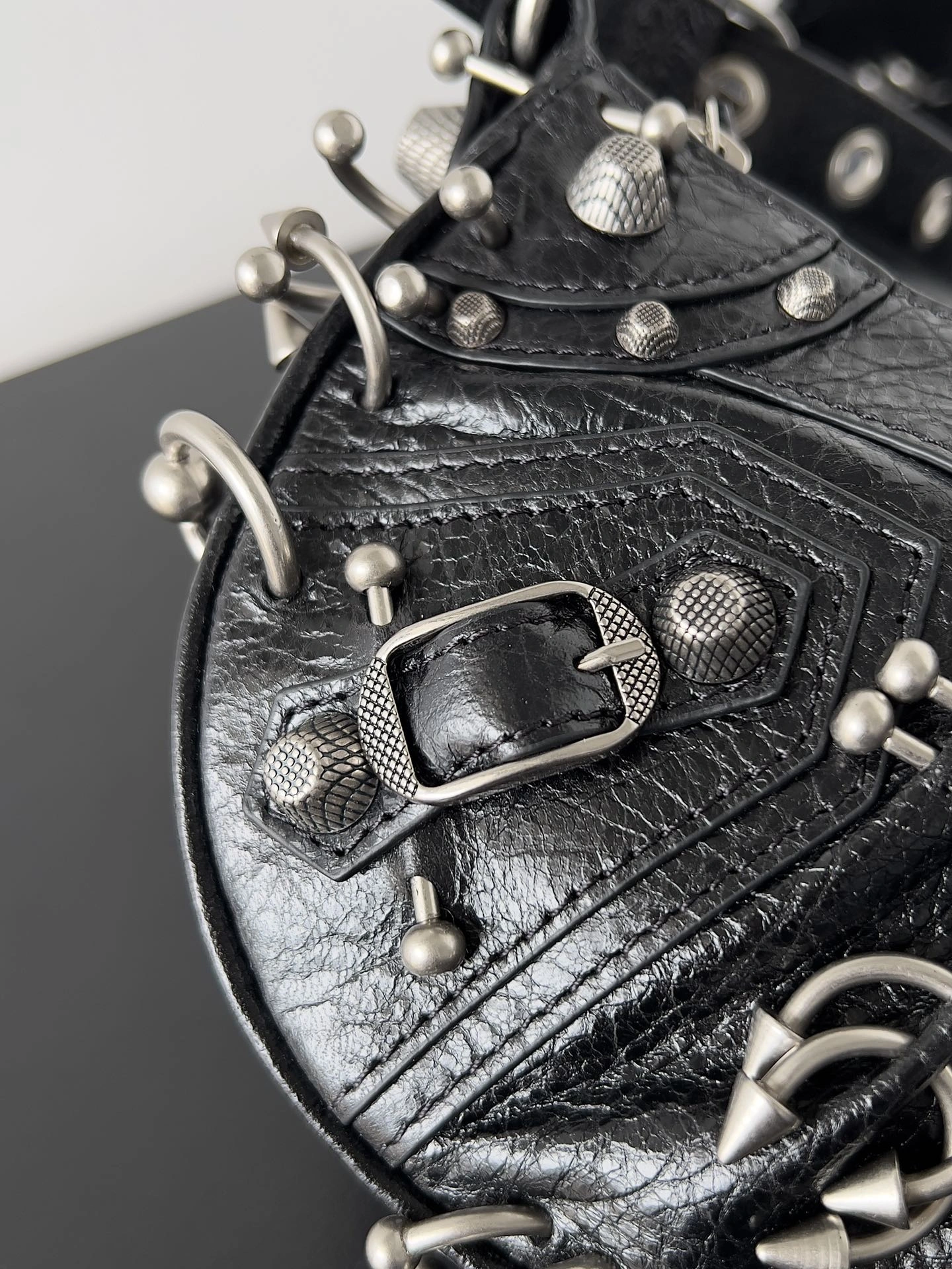 Balenciaga Le Cagole Perforated Stud Half-Moon Handbag with Adjustable Strap SmoothTexture 64707