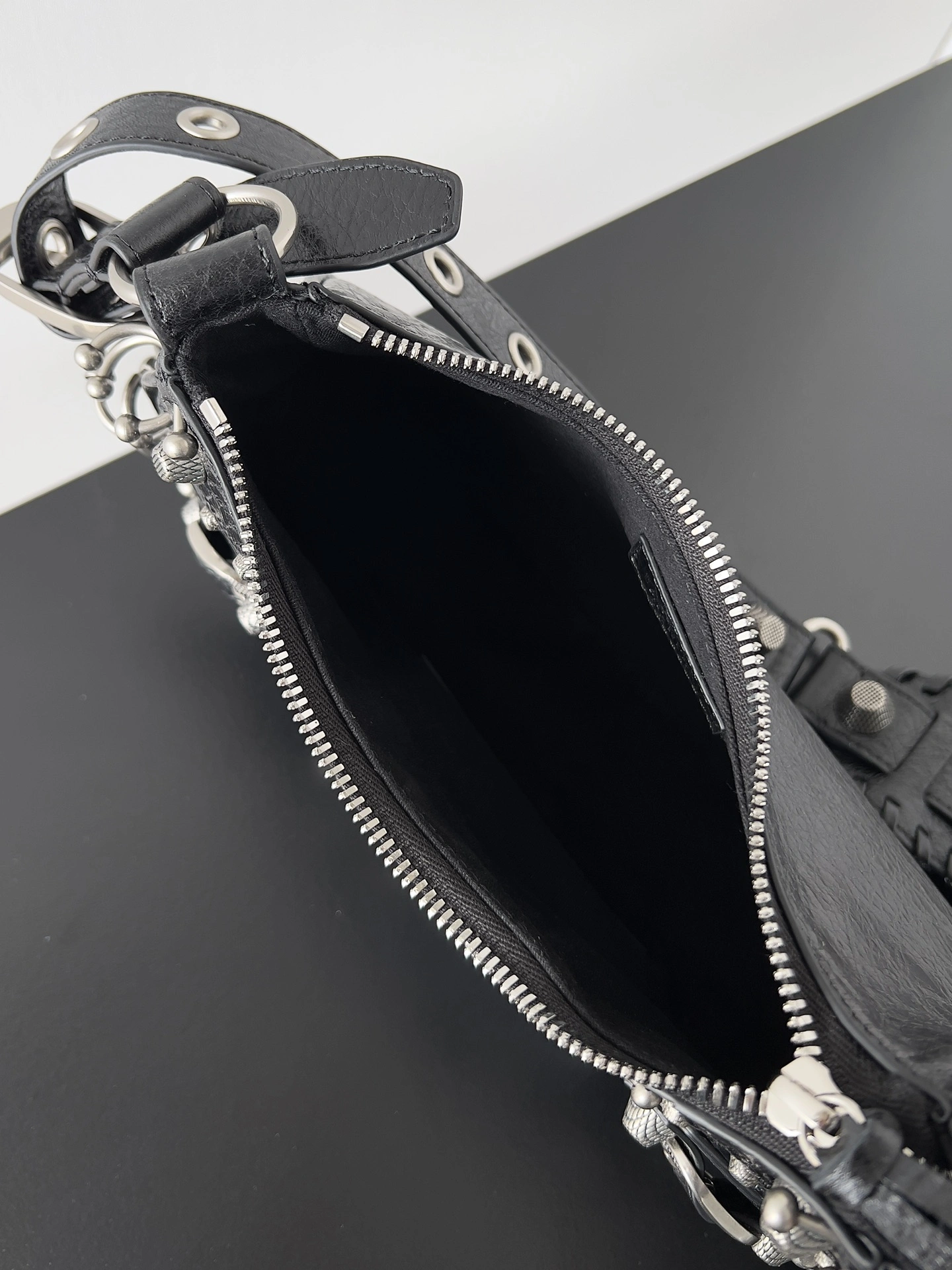 Balenciaga Le Cagole Perforated Stud Half-Moon Handbag with Adjustable Strap SmoothTexture 64707