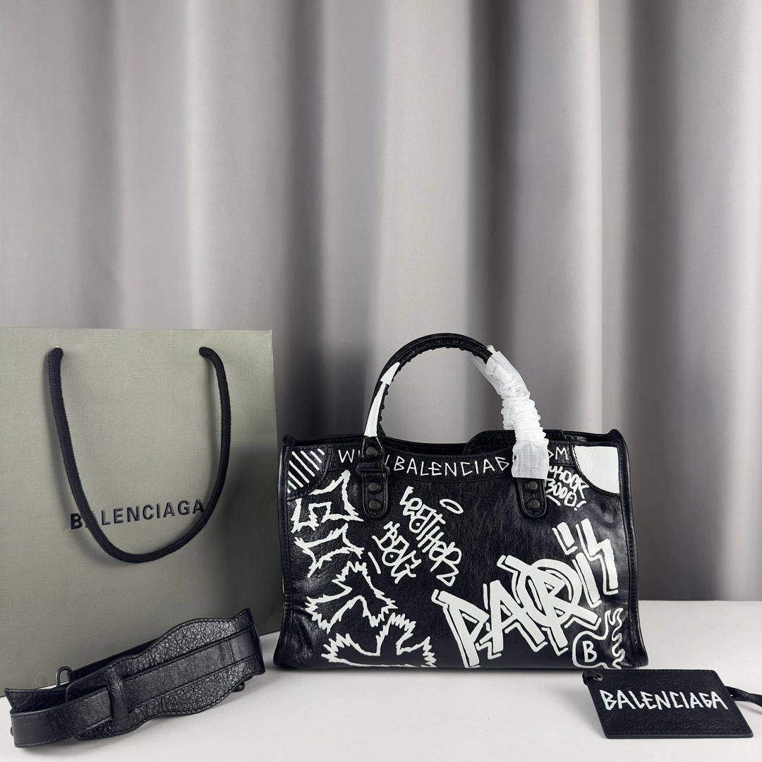 Balenciaga Mini City Graffiti Sheepskin Handcrafted Bag 30cm ZipUp 61077