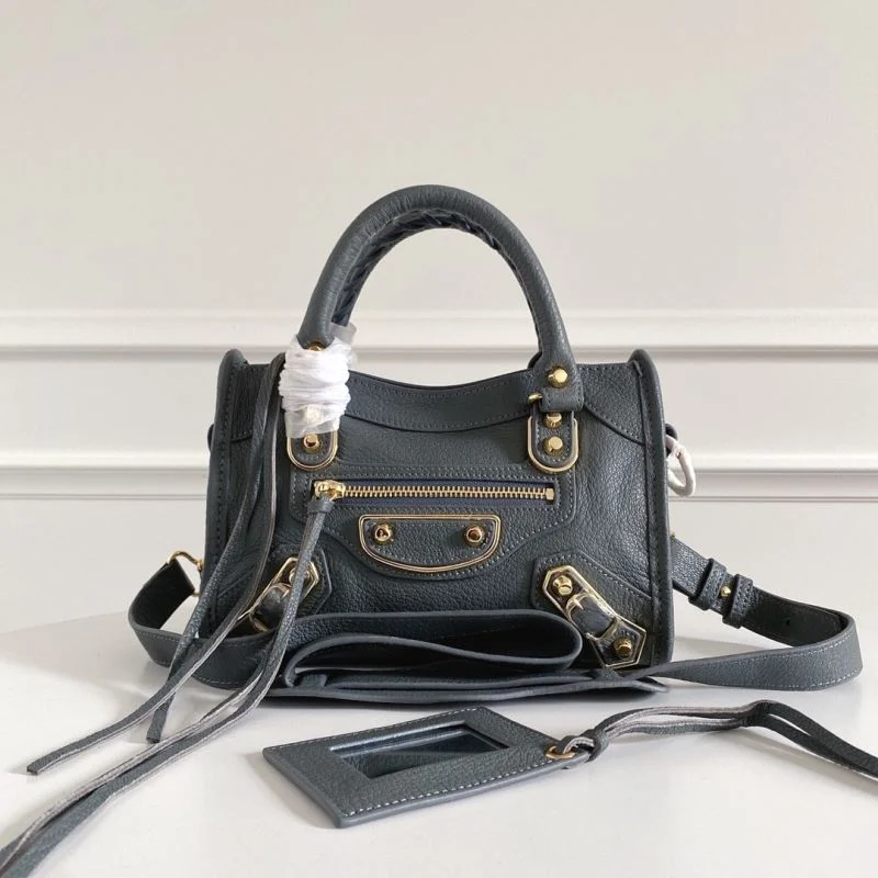 Balenciaga Mini Goat Leather Motorcycle Bag with Gold Buckle - Gray-Blue Original 38297