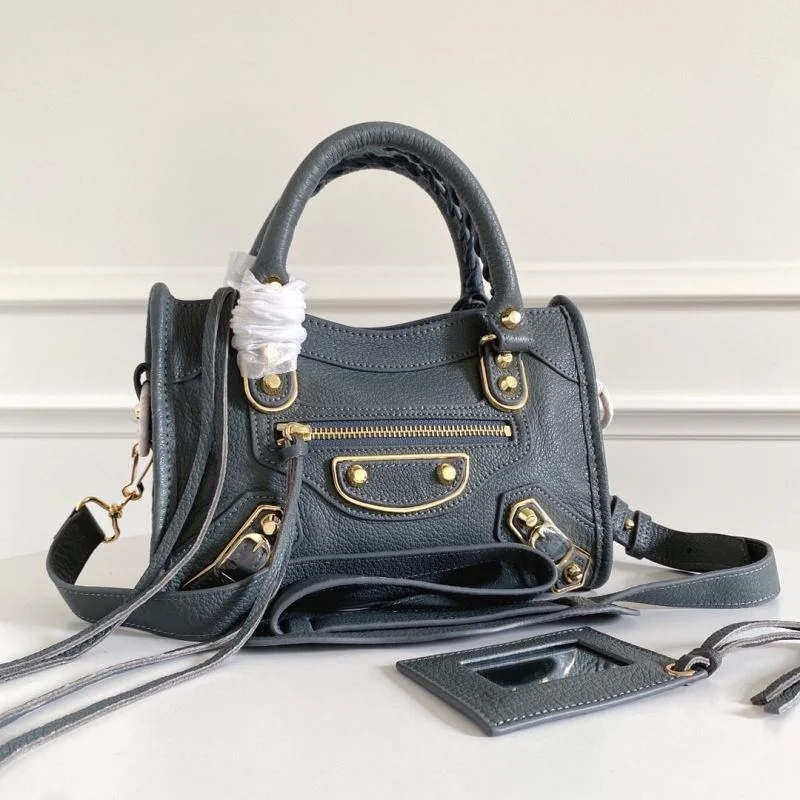 Balenciaga Mini Goat Leather Motorcycle Bag with Gold Buckle - Gray-Blue Original 38297