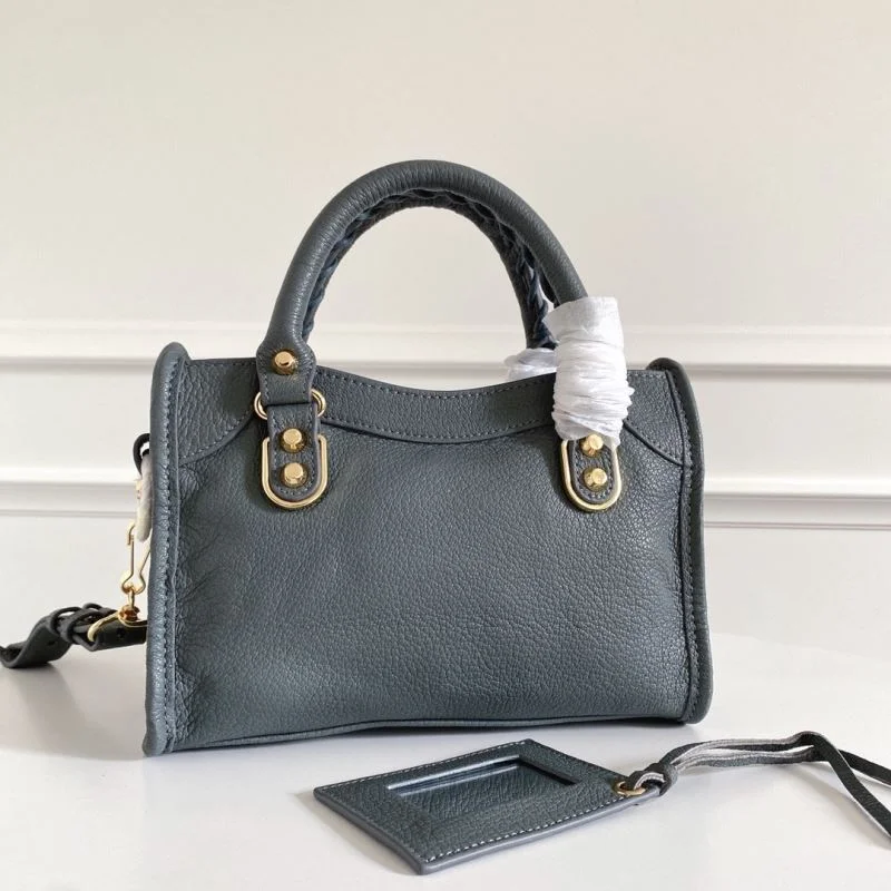 Balenciaga Mini Goat Leather Motorcycle Bag with Gold Buckle - Gray-Blue Original 38297