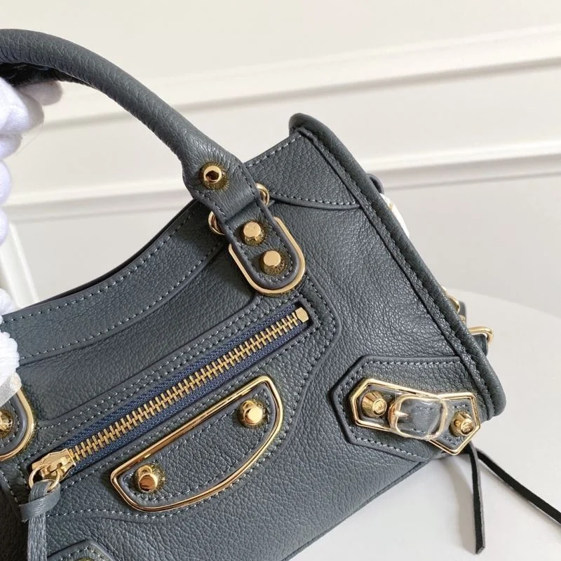 Balenciaga Mini Goat Leather Motorcycle Bag with Gold Buckle - Gray-Blue Original 38297