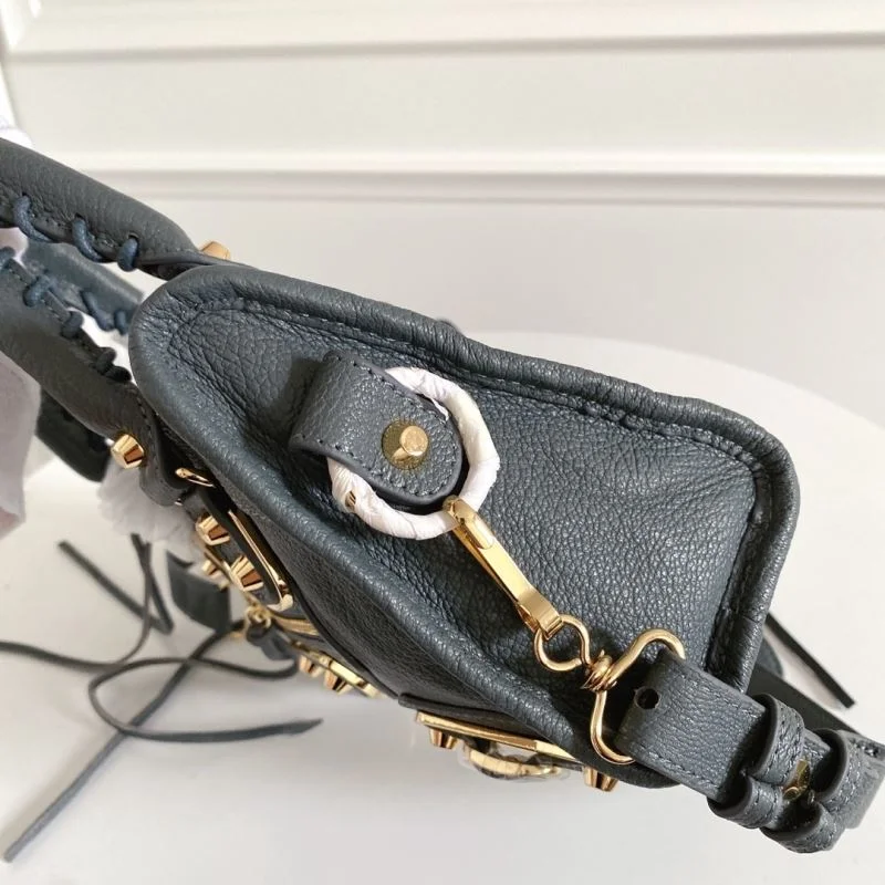 Balenciaga Mini Goat Leather Motorcycle Bag with Gold Buckle - Gray-Blue Original 38297