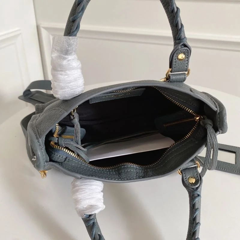 Balenciaga Mini Goat Leather Motorcycle Bag with Gold Buckle - Gray-Blue Original 38297