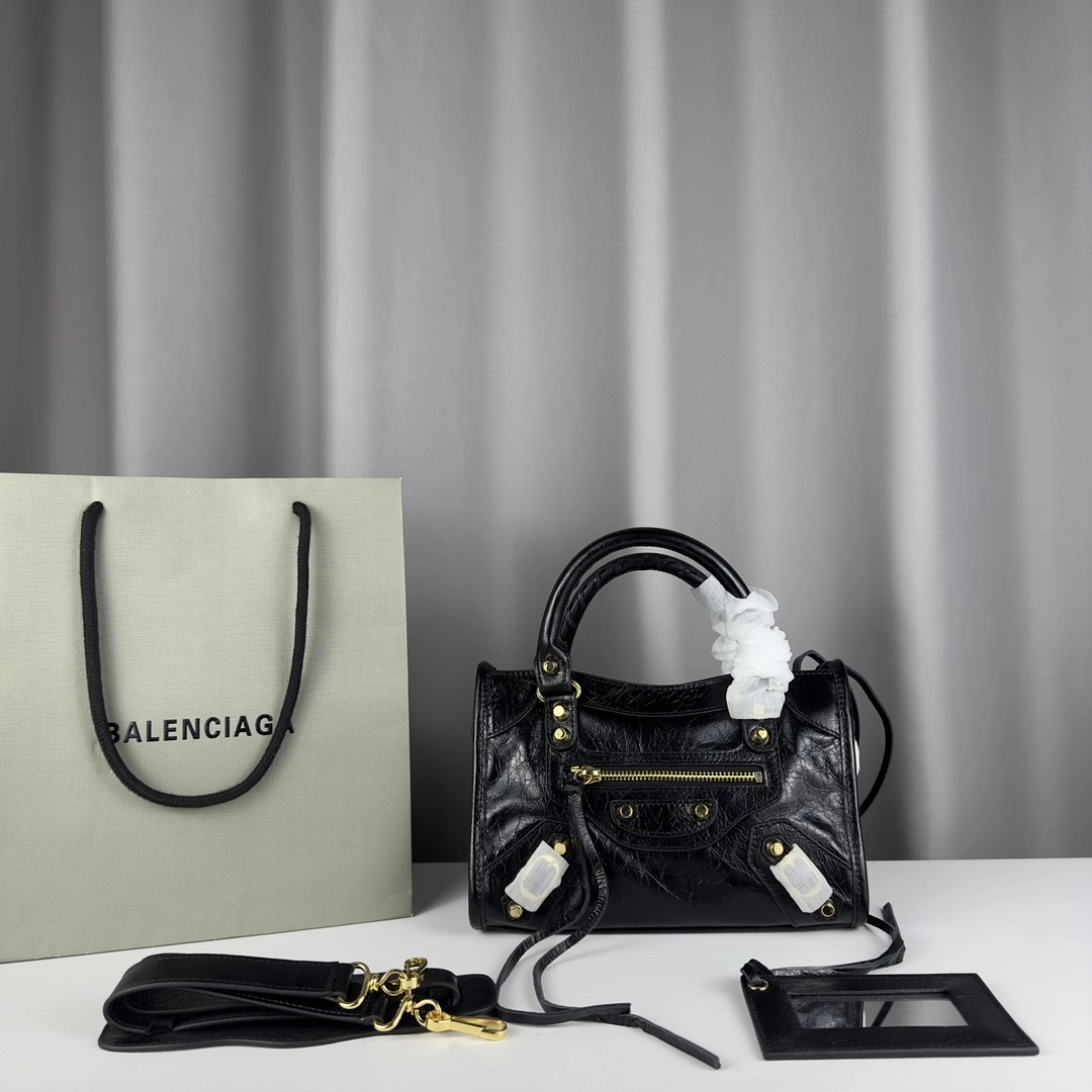 NewStyle Balenciaga Mini Motorcycle Bag - Logo Print with Gold Studs 60990