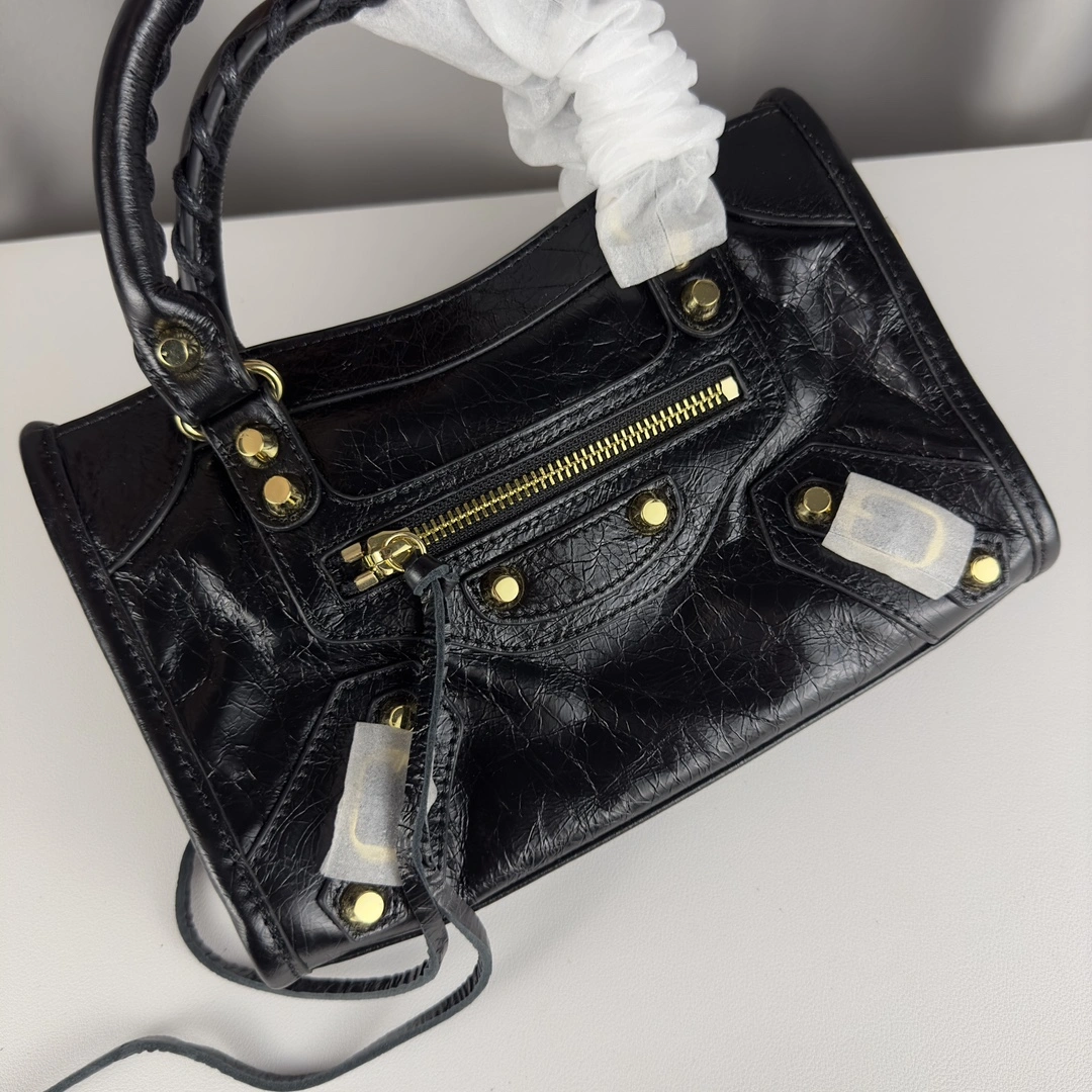 NewStyle Balenciaga Mini Motorcycle Bag - Logo Print with Gold Studs 60990