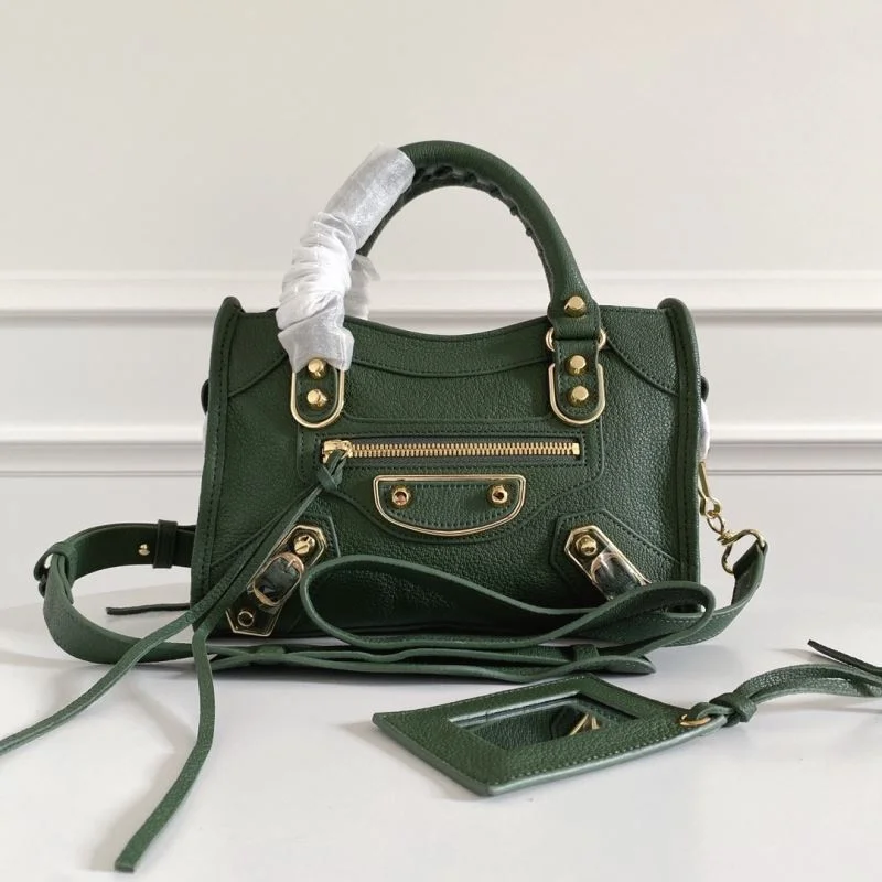 Stretchable Balenciaga Mini Olive Green Goat Leather Motorcycle Bag with Gold Buckle 38369