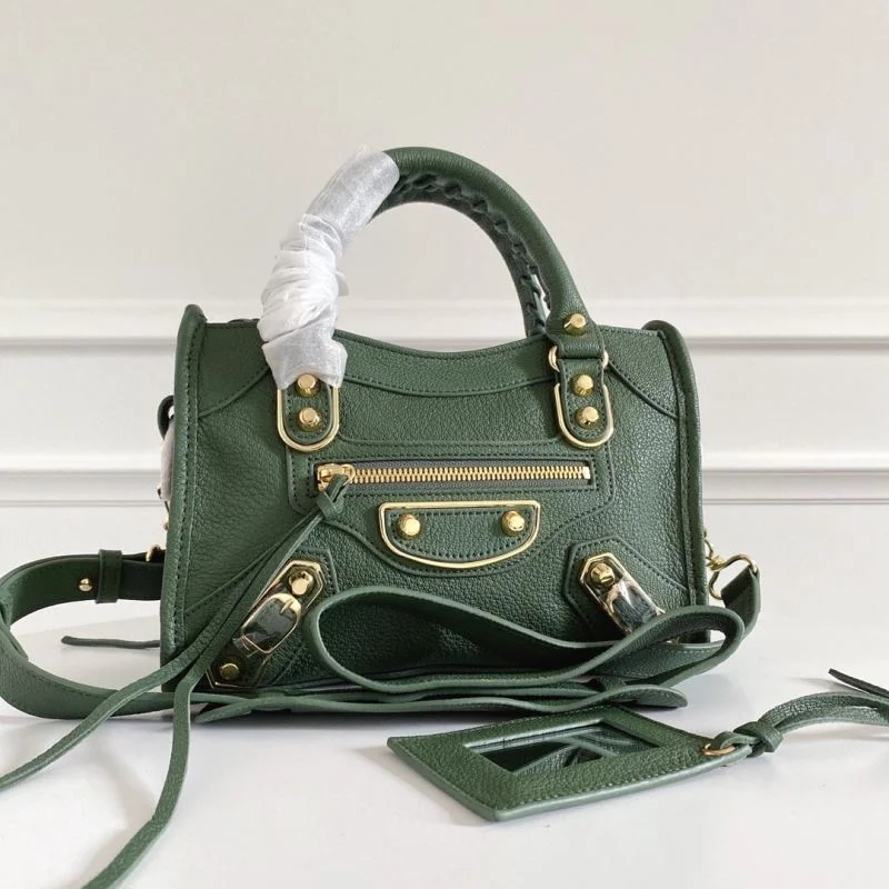 Stretchable Balenciaga Mini Olive Green Goat Leather Motorcycle Bag with Gold Buckle 38369