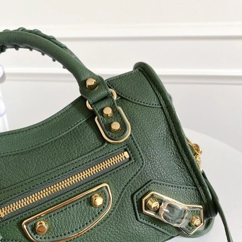 Stretchable Balenciaga Mini Olive Green Goat Leather Motorcycle Bag with Gold Buckle 38369