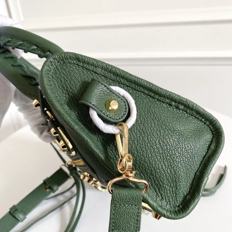 Stretchable Balenciaga Mini Olive Green Goat Leather Motorcycle Bag with Gold Buckle 38369