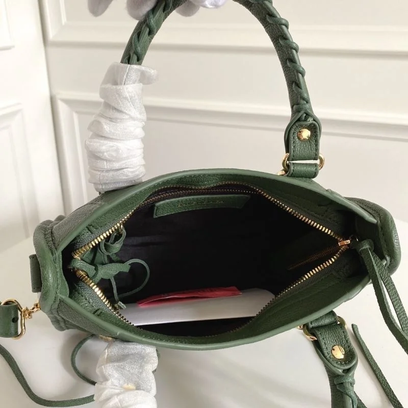 Stretchable Balenciaga Mini Olive Green Goat Leather Motorcycle Bag with Gold Buckle 38369