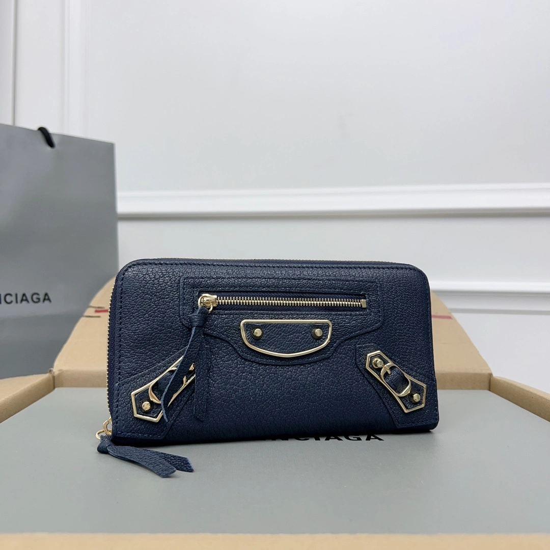 Balenciaga Navy Blue Vintage Leather Biker Wallet with Card Holder Trendsetting 60898