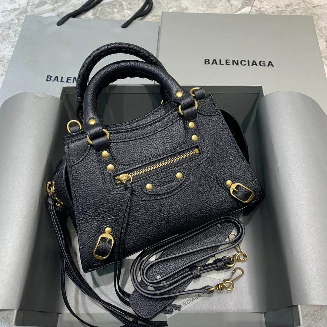 Balenciaga Neo  Black Litchi Motorcycle Bag with Gold Accents Bold 64661