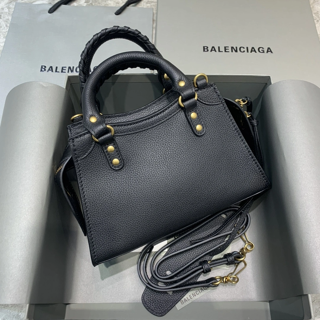 Balenciaga Neo  Black Litchi Motorcycle Bag with Gold Accents Bold 64661