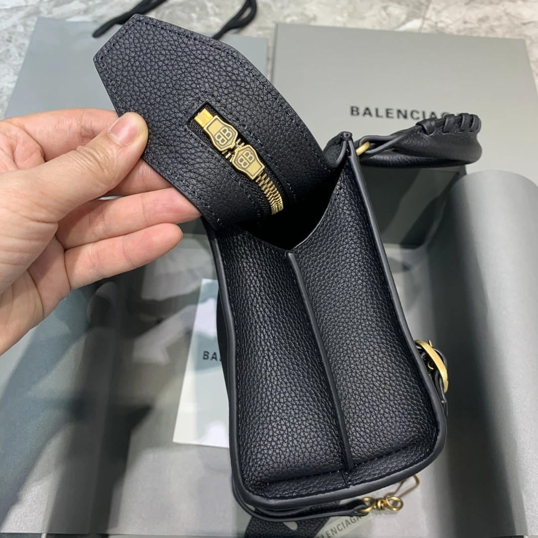 Balenciaga Neo  Black Litchi Motorcycle Bag with Gold Accents Bold 64661