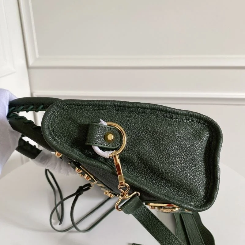 EasyMatch Balenciaga Olive Green Goatskin Motorcycle Bag with Gold Buckle 38319