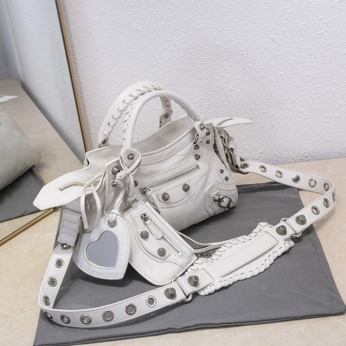 Balenciaga Paris Neo Cagole White Lambskin Motorcycle Bag QuickDry 60980