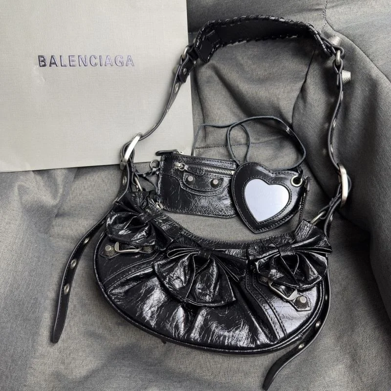 Breathable Balenciaga Peach Blossom Black Crackle Half-Moon Dumpling Bag 38373