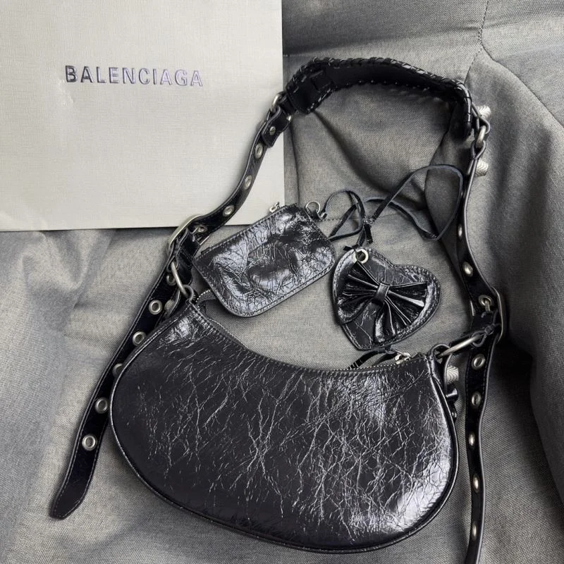 Breathable Balenciaga Peach Blossom Black Crackle Half-Moon Dumpling Bag 38373