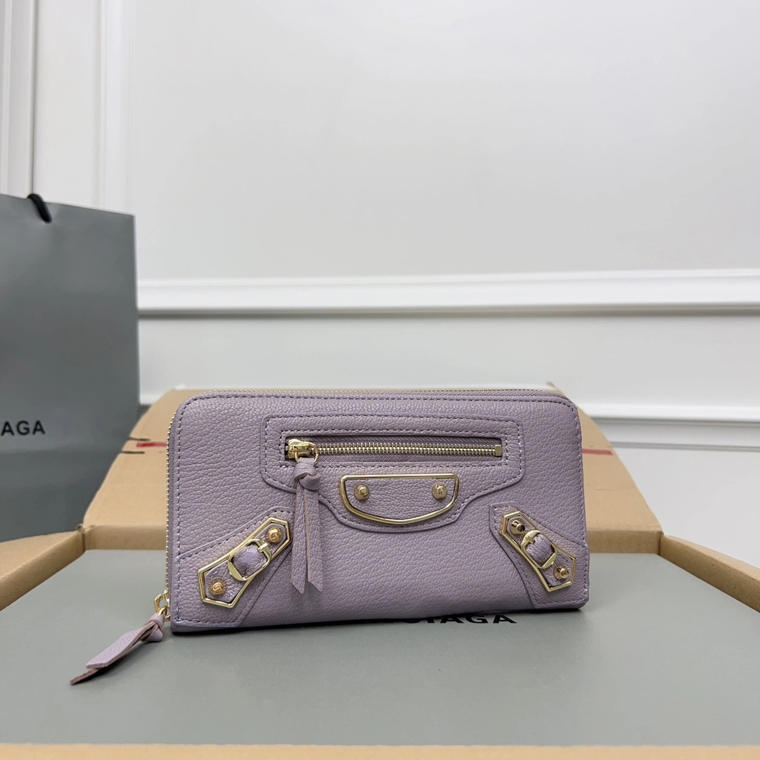 Balenciaga Purple Retro Goat Leather Zipper Motorcycle Wallet Casual 60832