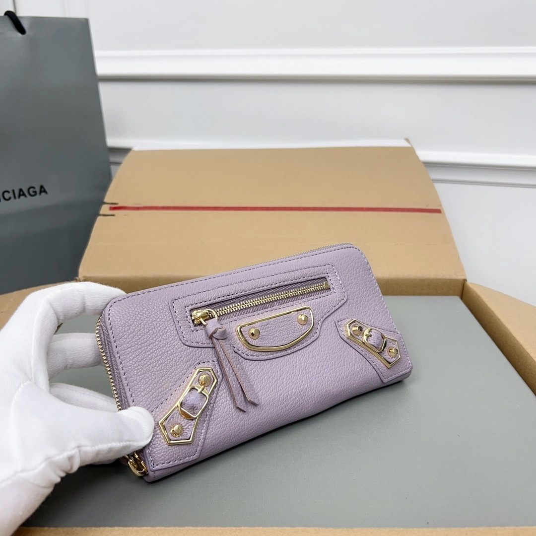 Balenciaga Purple Retro Goat Leather Zipper Motorcycle Wallet Casual 60832