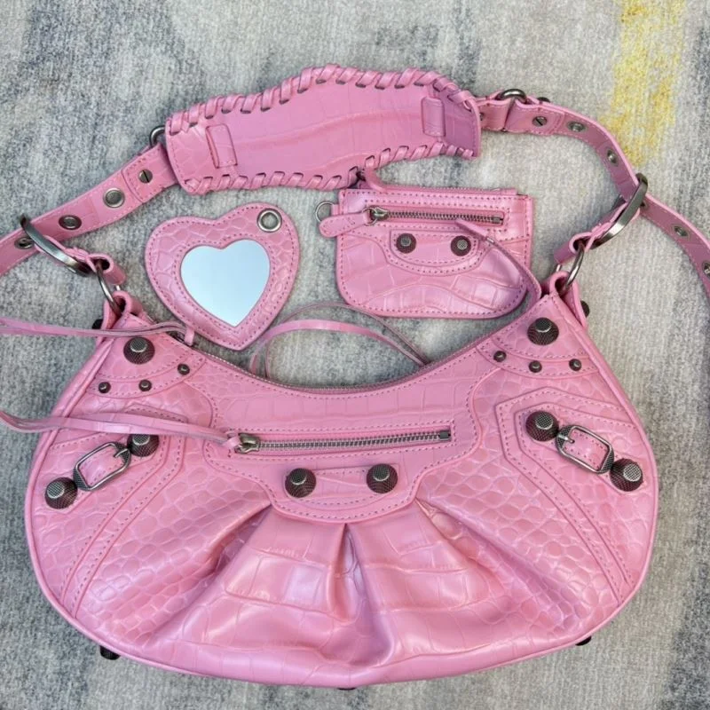 Original Balenciaga Sakura Pink CrocodileBalenciaga Le Cagole Half-Moon Bag 38375