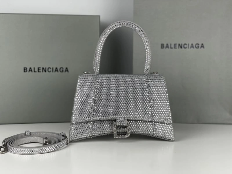 TechFriendly Balenciaga Silver Rhinestone Hourglass Bag with Lambskin Interior 72597