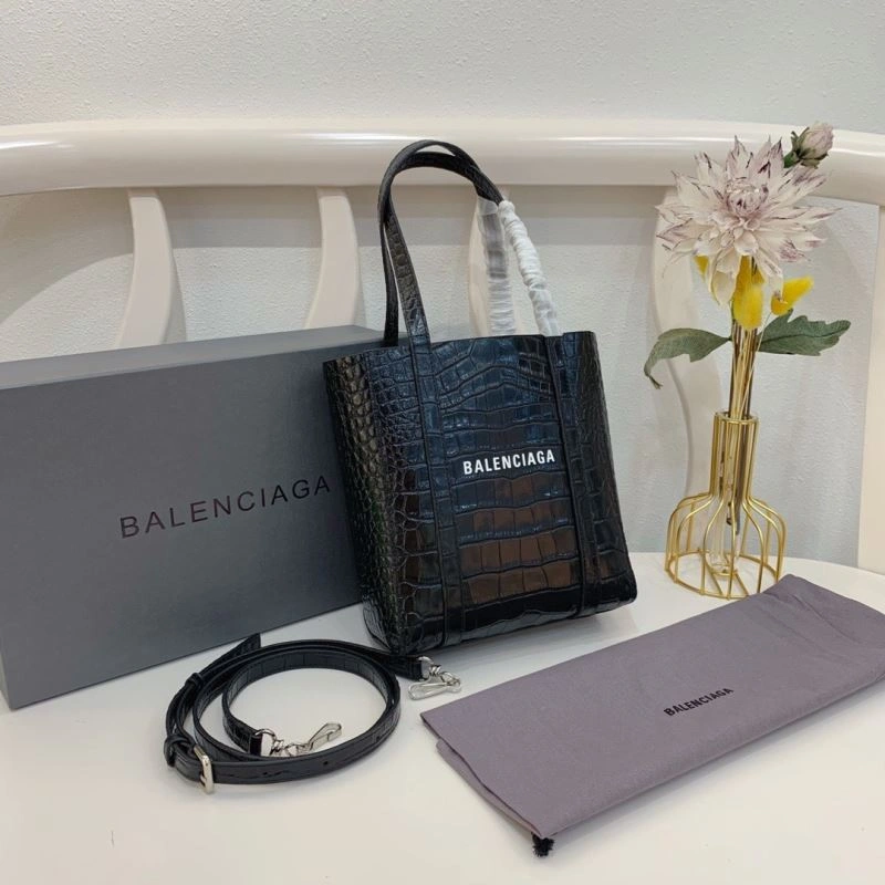 Balenciaga Small Crocodile Pattern Shopping Bag - Black Refined 78554
