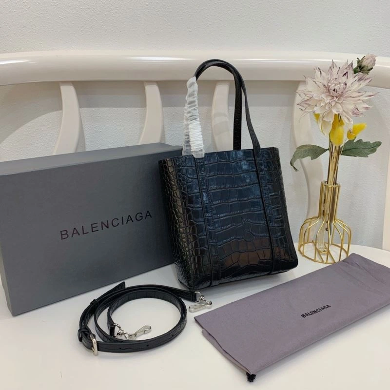 Balenciaga Small Crocodile Pattern Shopping Bag - Black Refined 78554