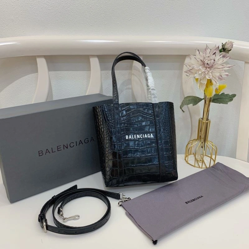 Balenciaga Small Crocodile Pattern Shopping Bag - Black Refined 78554