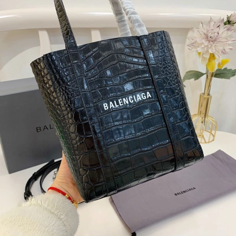 Balenciaga Small Crocodile Pattern Shopping Bag - Black Refined 78554