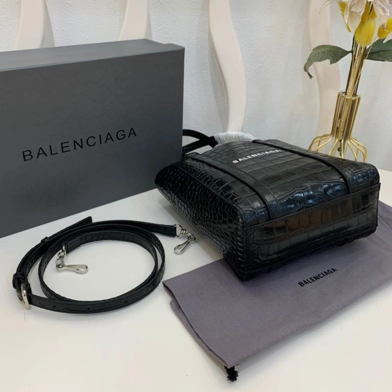 Balenciaga Small Crocodile Pattern Shopping Bag - Black Refined 78554