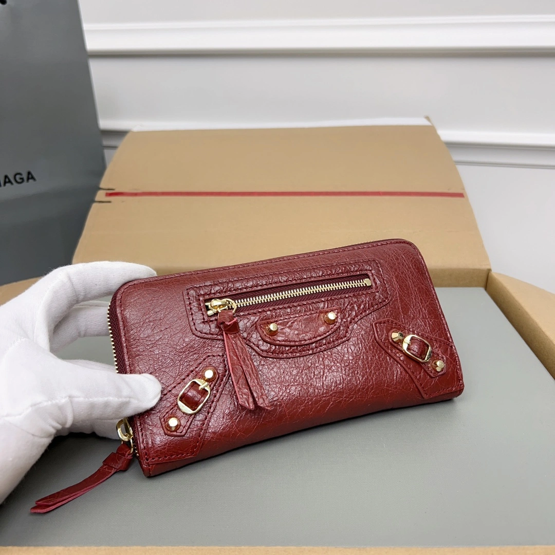 Balenciaga Vintage Burgundy Leather Motorcycle Wallet with Heart Zipper OnTrend 64665
