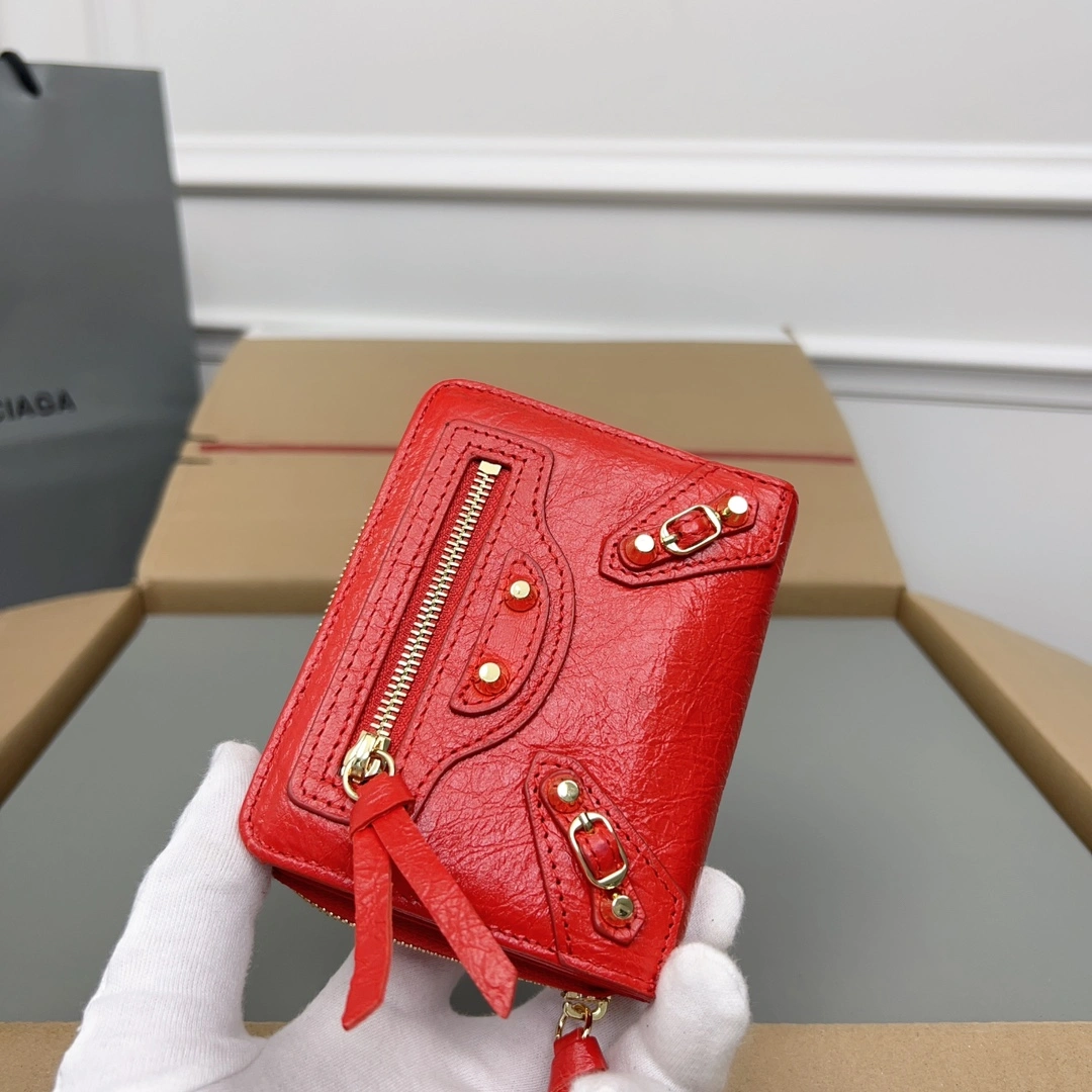 Balenciaga Vintage Red Cracked Leather Mini Wallet with Compartments Refined 60853