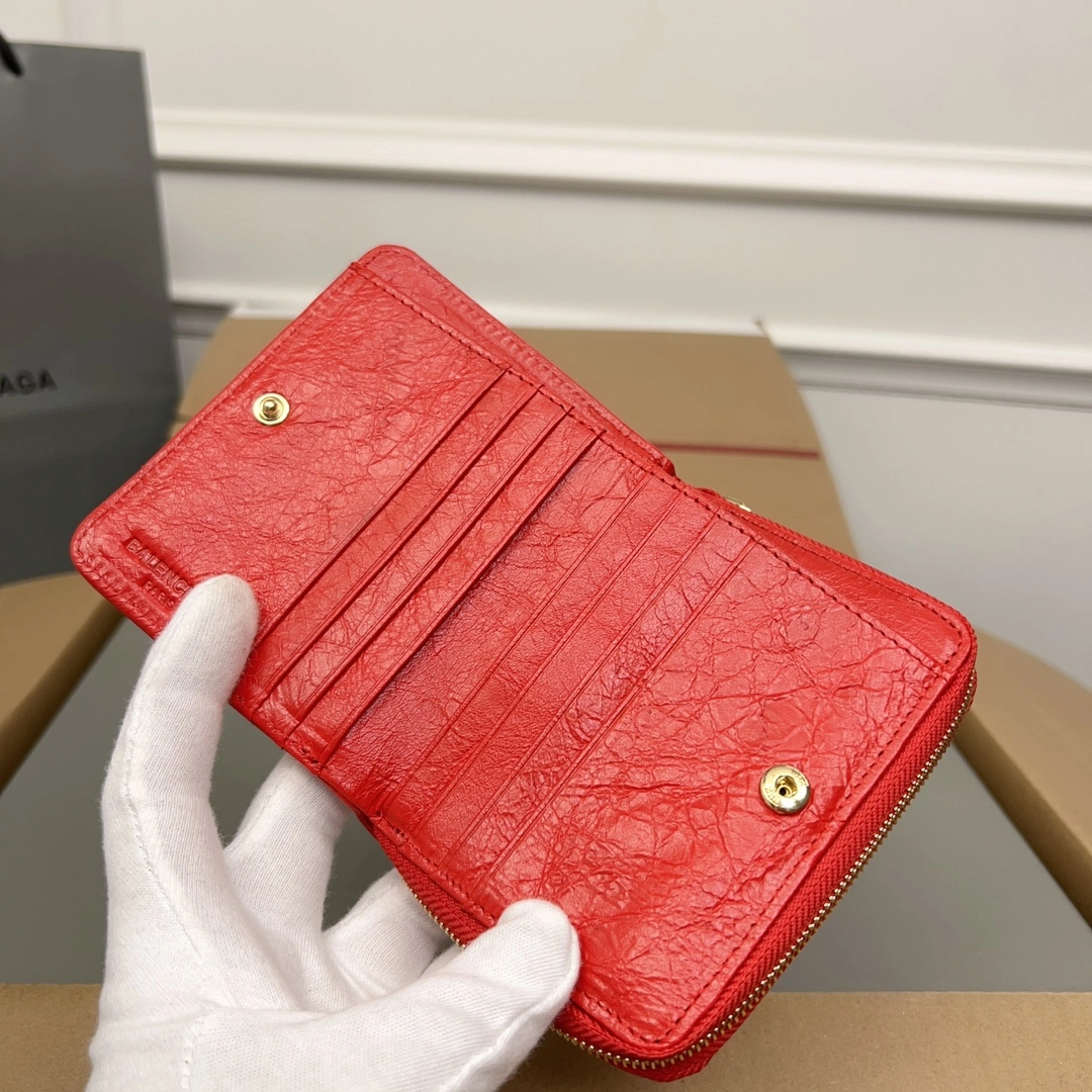 Balenciaga Vintage Red Cracked Leather Mini Wallet with Compartments Refined 60853