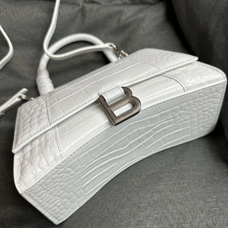 Balenciaga White Crocodile Hourglass Bag with Silver Buckle Snug 70025