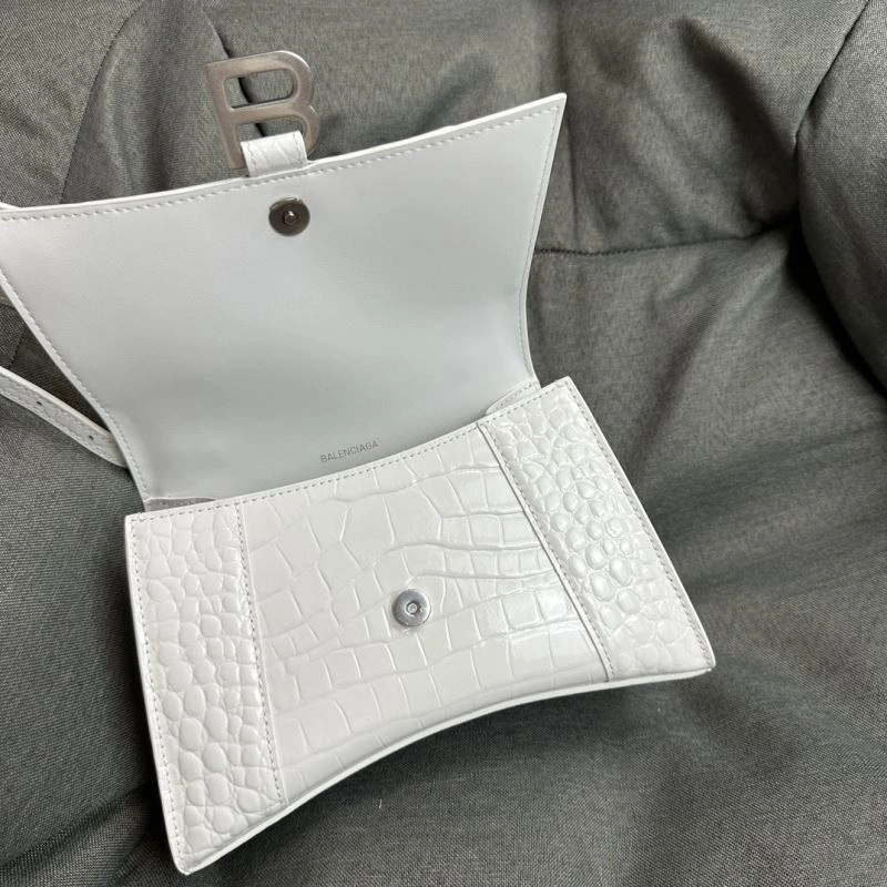 Balenciaga White Crocodile Hourglass Bag with Silver Buckle Snug 70025