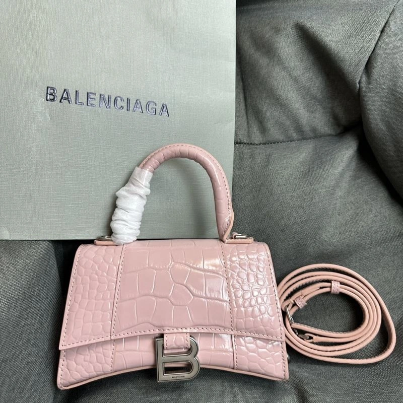 Casual Balenciaga XS Hourglass Blush Crocodile Bag with Silver Buckle 69997