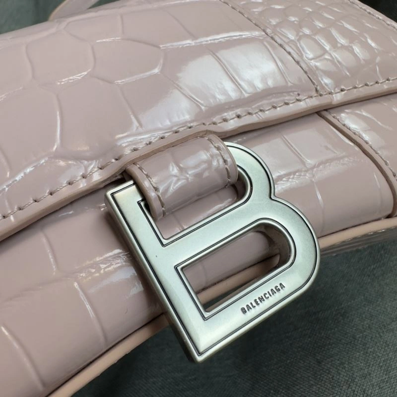 Casual Balenciaga XS Hourglass Blush Crocodile Bag with Silver Buckle 69997