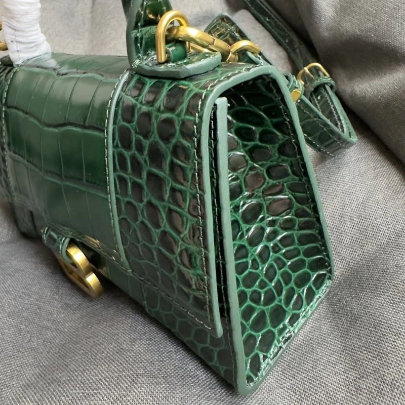 Chic Balenciaga XS Hourglass Crocodile Bag - Dark Green with Gold Buckle 69996