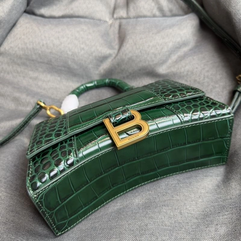 Chic Balenciaga XS Hourglass Crocodile Bag - Dark Green with Gold Buckle 69996