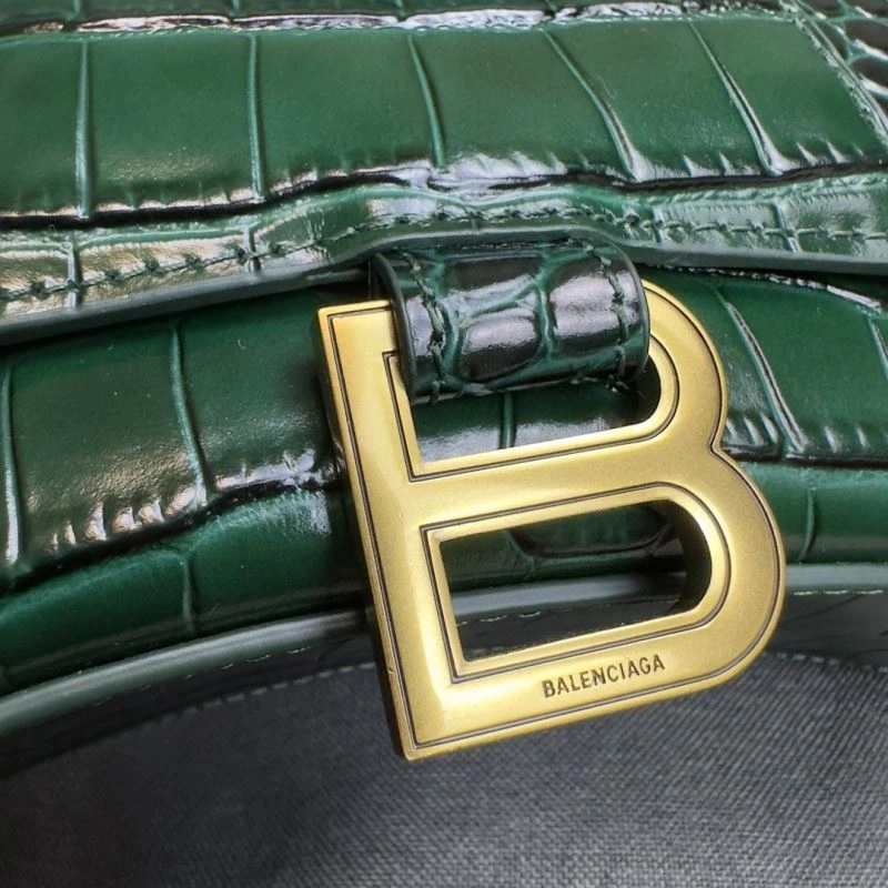 Chic Balenciaga XS Hourglass Crocodile Bag - Dark Green with Gold Buckle 69996