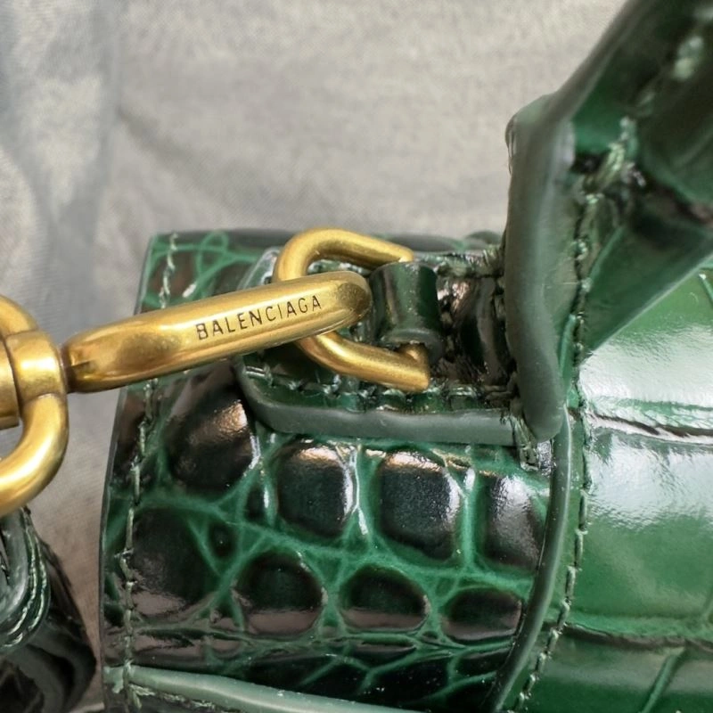 Chic Balenciaga XS Hourglass Crocodile Bag - Dark Green with Gold Buckle 69996